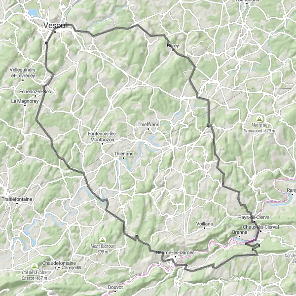 Map miniature of "Colombe-lès-Vesoul Loop" cycling inspiration in Franche-Comté, France. Generated by Tarmacs.app cycling route planner