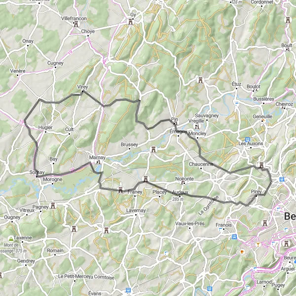 Miniature de la carte de l'inspiration cycliste "La Route des Châteaux de Franche-Comté" dans la Franche-Comté, France. Générée par le planificateur d'itinéraire cycliste Tarmacs.app