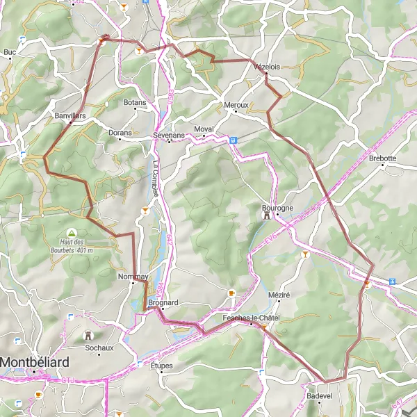 Map miniature of "Essert Gravel Adventure" cycling inspiration in Franche-Comté, France. Generated by Tarmacs.app cycling route planner