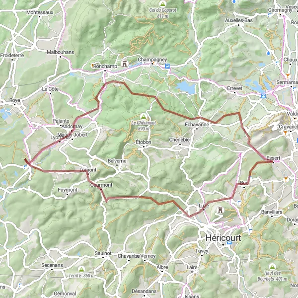 Miniature de la carte de l'inspiration cycliste "Exploration des collines et vallées près d'Essert" dans la Franche-Comté, France. Générée par le planificateur d'itinéraire cycliste Tarmacs.app