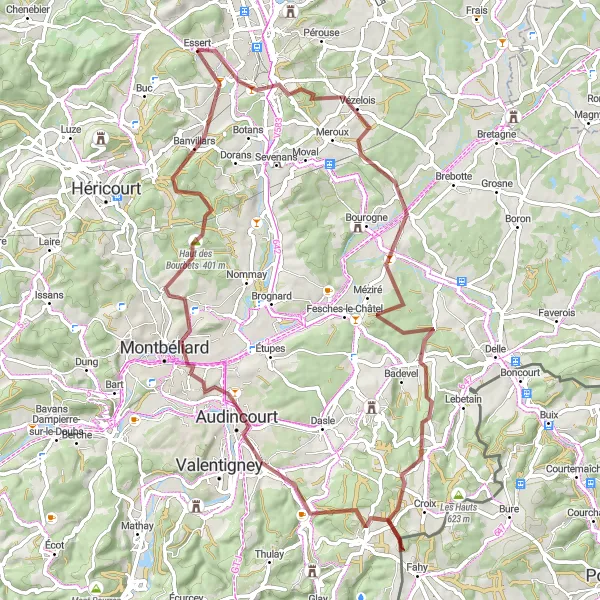 Miniature de la carte de l'inspiration cycliste "Tour de la Vallée Verte" dans la Franche-Comté, France. Générée par le planificateur d'itinéraire cycliste Tarmacs.app