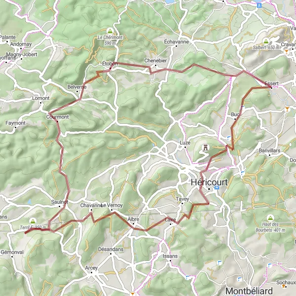 Map miniature of "The Gravel Adventure: Mont-Vaudois" cycling inspiration in Franche-Comté, France. Generated by Tarmacs.app cycling route planner