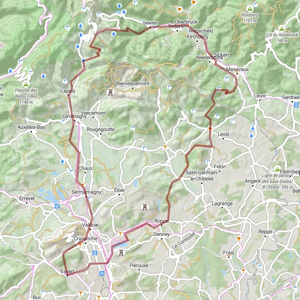 Miniature de la carte de l'inspiration cycliste "Les collines de Franche-Comté" dans la Franche-Comté, France. Générée par le planificateur d'itinéraire cycliste Tarmacs.app