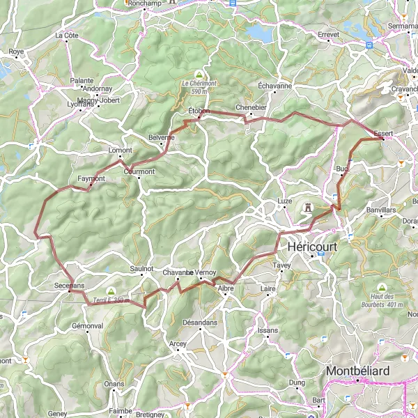 Map miniature of "Échenans-sous-Mont-Vaudois Gravel Adventure" cycling inspiration in Franche-Comté, France. Generated by Tarmacs.app cycling route planner
