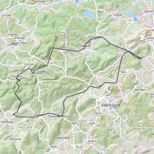 Miniature de la carte de l'inspiration cycliste "Boucle des Villages" dans la Franche-Comté, France. Générée par le planificateur d'itinéraire cycliste Tarmacs.app