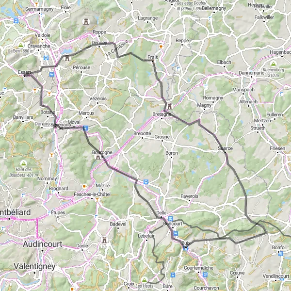 Miniature de la carte de l'inspiration cycliste "Belfort to Bavilliers" dans la Franche-Comté, France. Générée par le planificateur d'itinéraire cycliste Tarmacs.app
