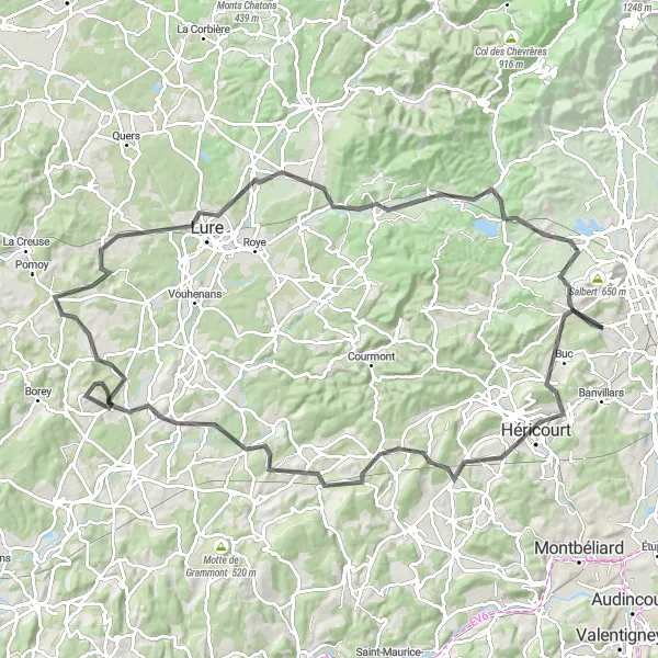 Miniature de la carte de l'inspiration cycliste "Grande Boucle Franche-Comté" dans la Franche-Comté, France. Générée par le planificateur d'itinéraire cycliste Tarmacs.app