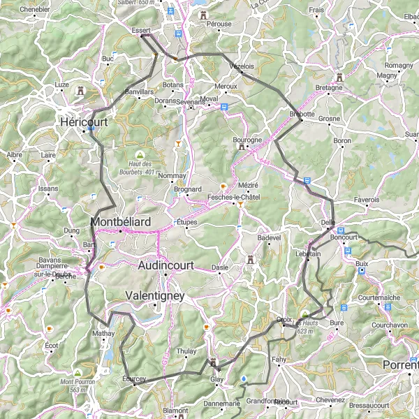 Miniature de la carte de l'inspiration cycliste "La Route des Montagnes" dans la Franche-Comté, France. Générée par le planificateur d'itinéraire cycliste Tarmacs.app