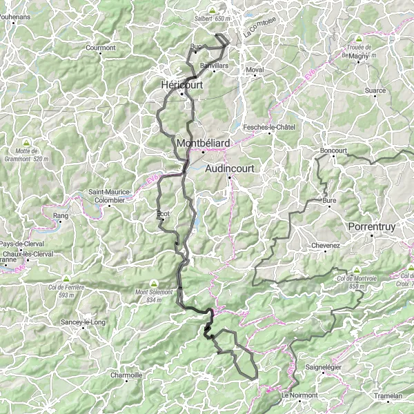 Miniature de la carte de l'inspiration cycliste "Parcours panoramique autour d'Essert" dans la Franche-Comté, France. Générée par le planificateur d'itinéraire cycliste Tarmacs.app