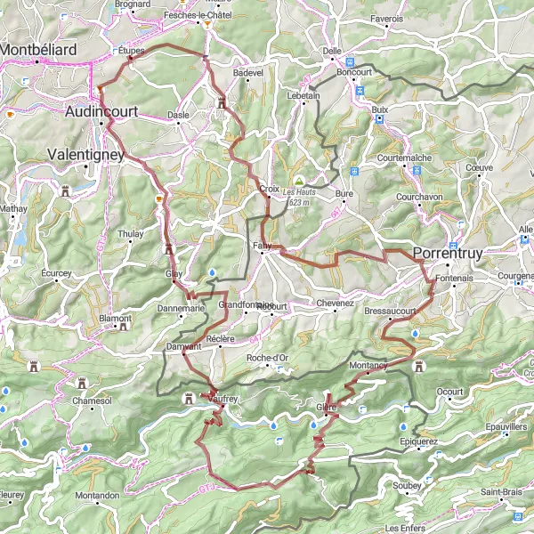 Miniature de la carte de l'inspiration cycliste "Boucle des Montagnes Jurassiennes" dans la Franche-Comté, France. Générée par le planificateur d'itinéraire cycliste Tarmacs.app