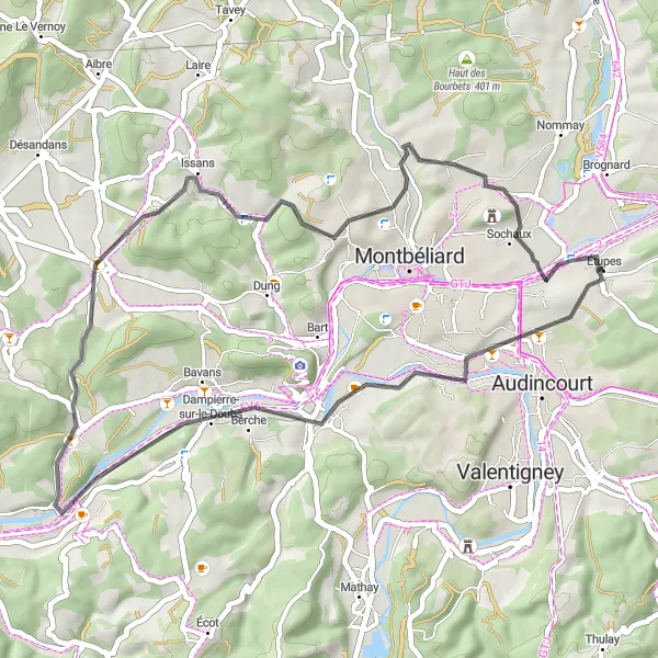 Miniature de la carte de l'inspiration cycliste "Boucle courte et dynamique" dans la Franche-Comté, France. Générée par le planificateur d'itinéraire cycliste Tarmacs.app