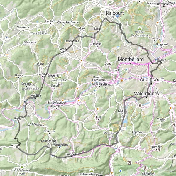 Map miniature of "Picturesque Route near Étupes" cycling inspiration in Franche-Comté, France. Generated by Tarmacs.app cycling route planner