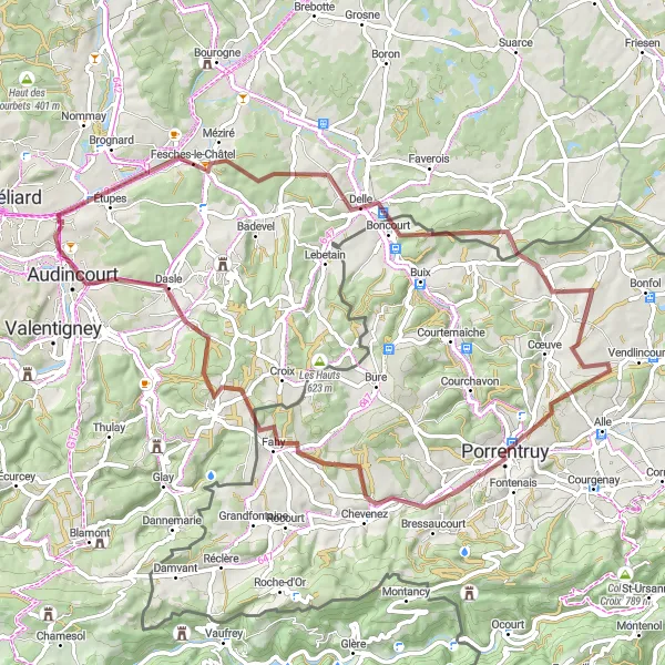 Miniature de la carte de l'inspiration cycliste "Boucle des Collines du Jura" dans la Franche-Comté, France. Générée par le planificateur d'itinéraire cycliste Tarmacs.app