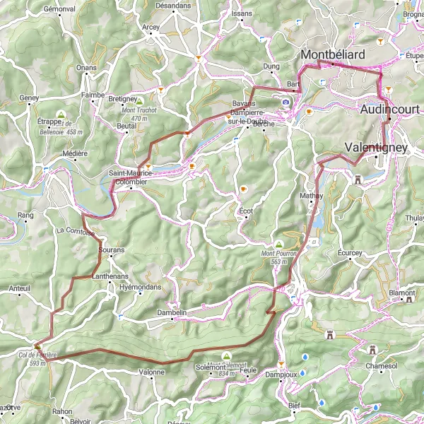 Map miniature of "Valentigney and Col de Ferrière Gravel Loop" cycling inspiration in Franche-Comté, France. Generated by Tarmacs.app cycling route planner