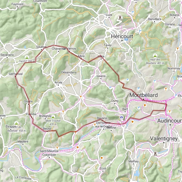 Map miniature of "Exincourt Gravel Loop" cycling inspiration in Franche-Comté, France. Generated by Tarmacs.app cycling route planner