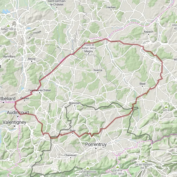 Map miniature of "Off the Beaten Path: Rural Serenity" cycling inspiration in Franche-Comté, France. Generated by Tarmacs.app cycling route planner