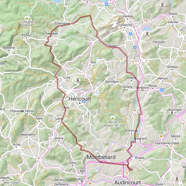Map miniature of "Montbéliard Countryside Gravel Ride" cycling inspiration in Franche-Comté, France. Generated by Tarmacs.app cycling route planner