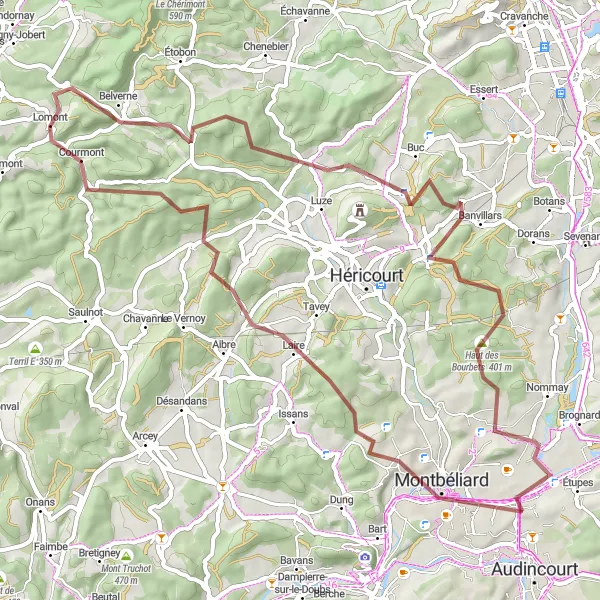 Map miniature of "Beyond Montbéliard to Vieux-Charmont Gravel Ride" cycling inspiration in Franche-Comté, France. Generated by Tarmacs.app cycling route planner