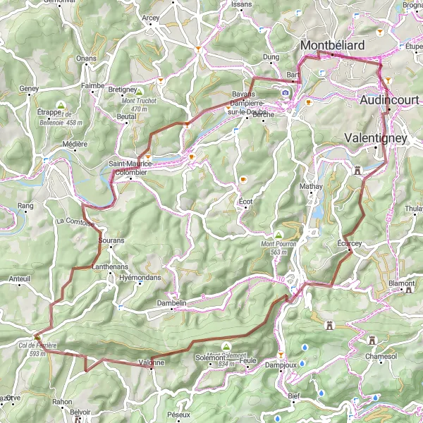 Miniature de la carte de l'inspiration cycliste "Tour Gravel de Valentigney à Montbéliard" dans la Franche-Comté, France. Générée par le planificateur d'itinéraire cycliste Tarmacs.app