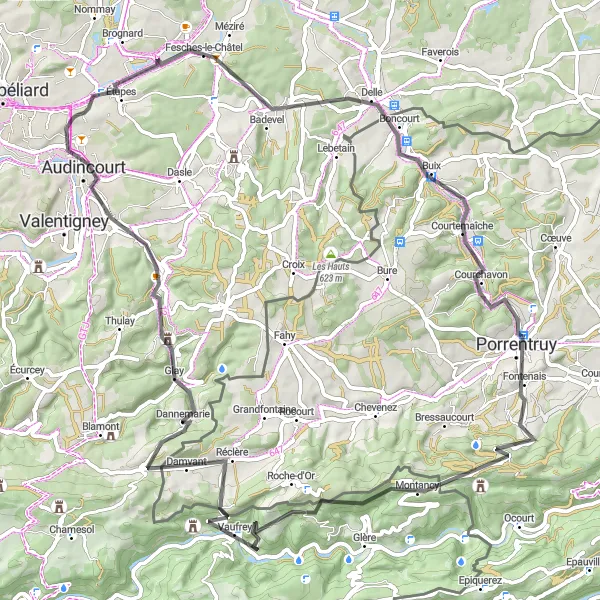Map miniature of "Badevel and Hérimoncourt Road Loop" cycling inspiration in Franche-Comté, France. Generated by Tarmacs.app cycling route planner