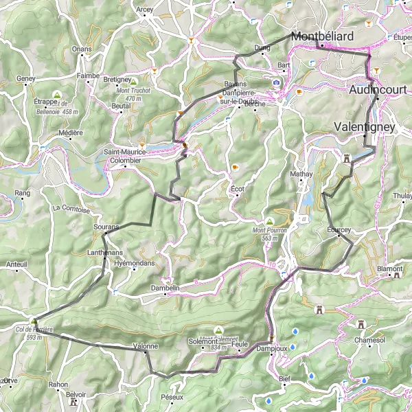 Map miniature of "The Montbéliard Circuit" cycling inspiration in Franche-Comté, France. Generated by Tarmacs.app cycling route planner