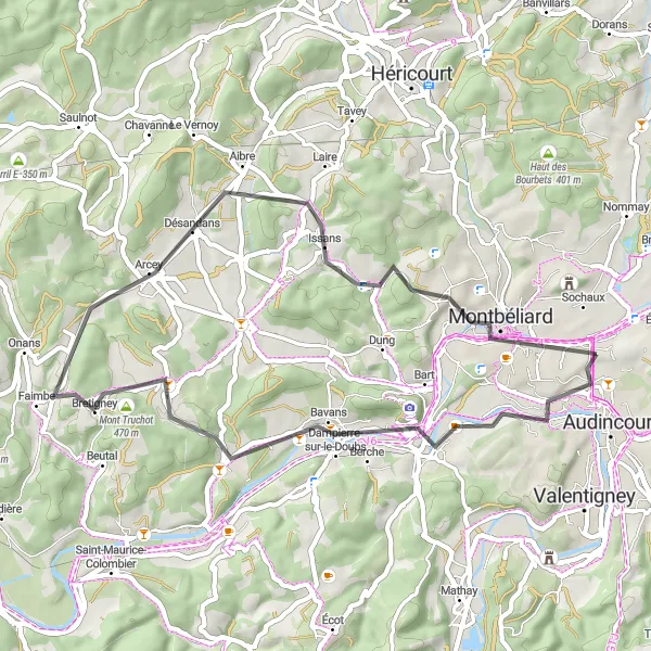 Miniature de la carte de l'inspiration cycliste "Parcours Route du Rock à Montbéliard" dans la Franche-Comté, France. Générée par le planificateur d'itinéraire cycliste Tarmacs.app