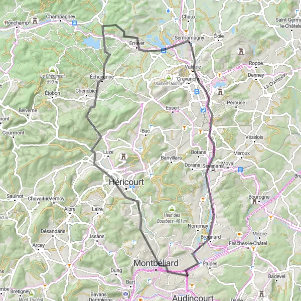 Map miniature of "Hills and Valleys: Montbéliard Loop" cycling inspiration in Franche-Comté, France. Generated by Tarmacs.app cycling route planner