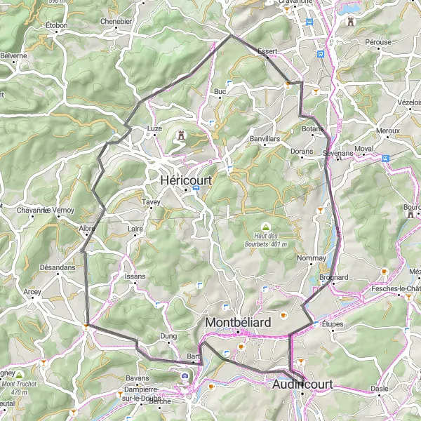 Map miniature of "Serenity in the Countryside: Arbouans Loop" cycling inspiration in Franche-Comté, France. Generated by Tarmacs.app cycling route planner