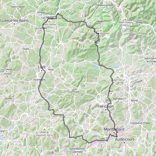 Map miniature of "Challenge the Hills: Mont Truchot Circuit" cycling inspiration in Franche-Comté, France. Generated by Tarmacs.app cycling route planner