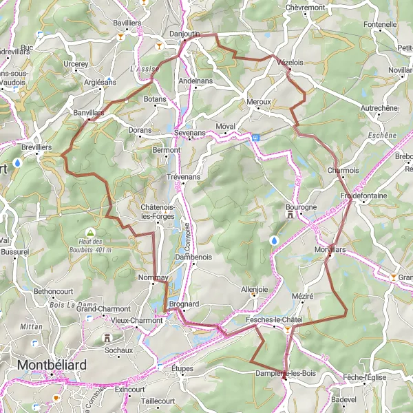 Miniature de la carte de l'inspiration cycliste "Parcours rustique de Nommay à Morvillars" dans la Franche-Comté, France. Générée par le planificateur d'itinéraire cycliste Tarmacs.app