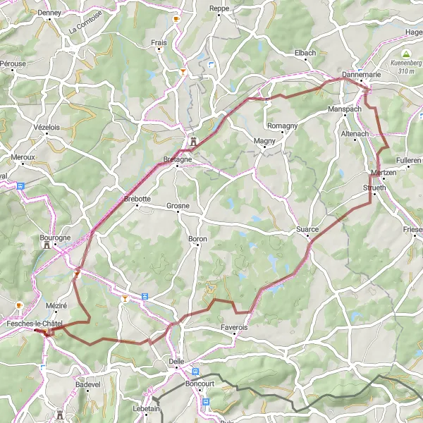Miniature de la carte de l'inspiration cycliste "Morvillars et Belfort Gap" dans la Franche-Comté, France. Générée par le planificateur d'itinéraire cycliste Tarmacs.app