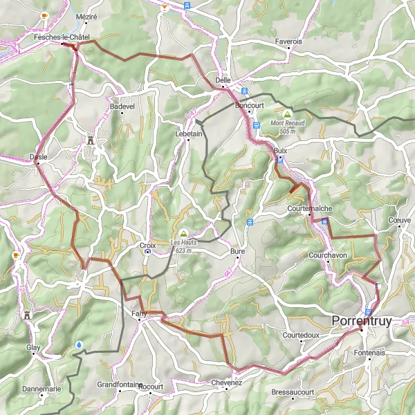 Map miniature of "Thrilling Gravel Route Near Fesches" cycling inspiration in Franche-Comté, France. Generated by Tarmacs.app cycling route planner