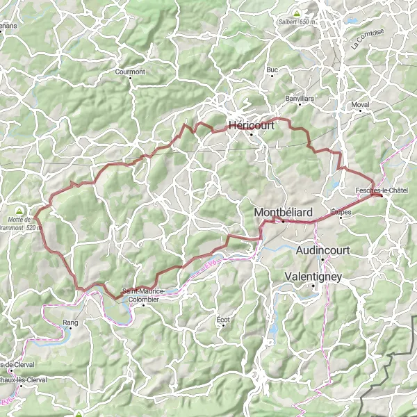 Map miniature of "Fesches-le-Châtel Gravel Route 2" cycling inspiration in Franche-Comté, France. Generated by Tarmacs.app cycling route planner