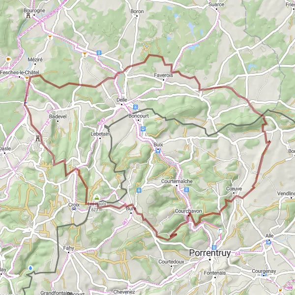 Map miniature of "Fesches-le-Châtel Gravel Route 3" cycling inspiration in Franche-Comté, France. Generated by Tarmacs.app cycling route planner
