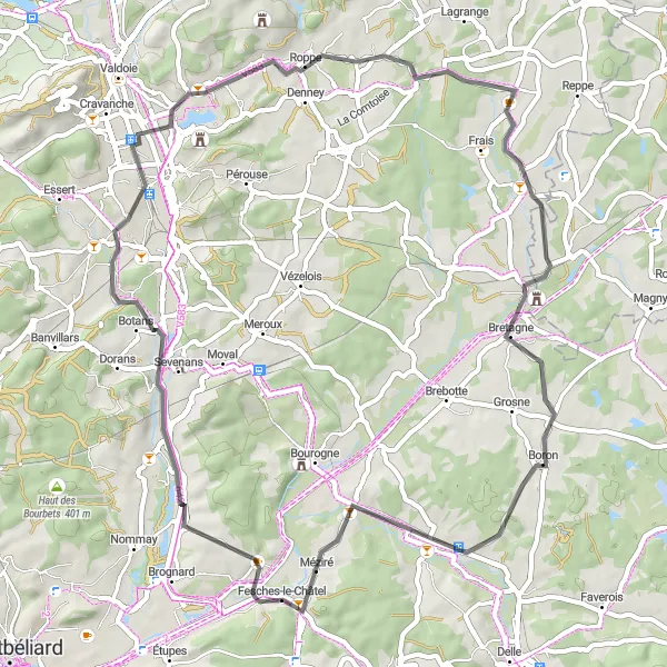 Miniature de la carte de l'inspiration cycliste "Parcours tranquille de Vellescot à Morvillars" dans la Franche-Comté, France. Générée par le planificateur d'itinéraire cycliste Tarmacs.app