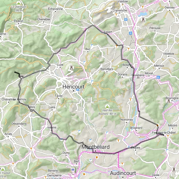Map miniature of "Fesches-le-Châtel Road Route 1" cycling inspiration in Franche-Comté, France. Generated by Tarmacs.app cycling route planner