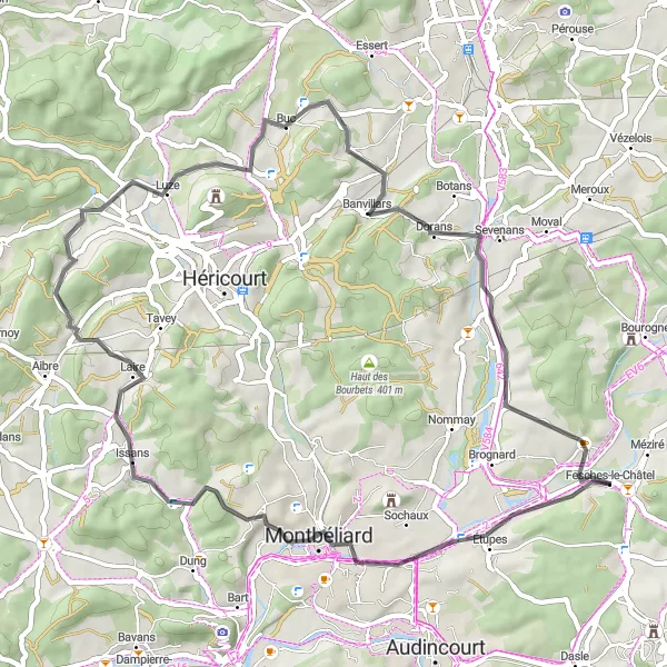 Map miniature of "Fesches-le-Châtel Road Route 2" cycling inspiration in Franche-Comté, France. Generated by Tarmacs.app cycling route planner