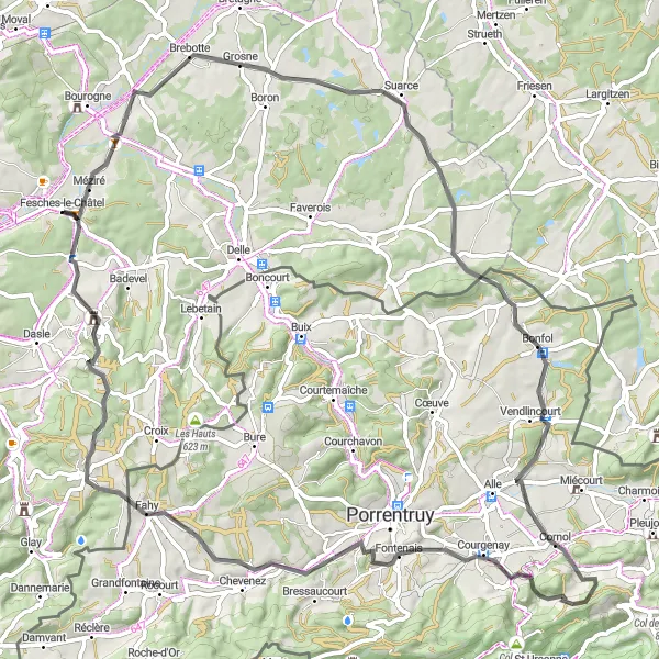Miniature de la carte de l'inspiration cycliste "Boucle de Vellescot et Mont Terri" dans la Franche-Comté, France. Générée par le planificateur d'itinéraire cycliste Tarmacs.app