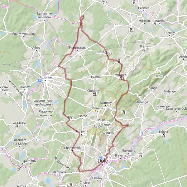 Miniature de la carte de l'inspiration cycliste "Le Tour des Villages de Caractère" dans la Franche-Comté, France. Générée par le planificateur d'itinéraire cycliste Tarmacs.app