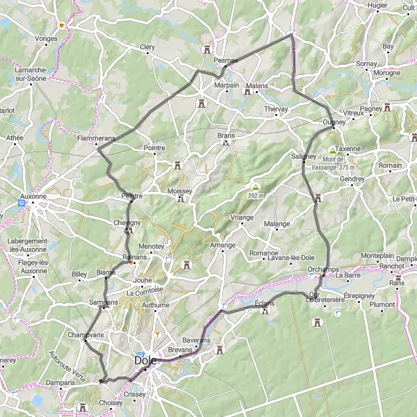 Miniature de la carte de l'inspiration cycliste "Parcours à travers Dole et ses environs" dans la Franche-Comté, France. Générée par le planificateur d'itinéraire cycliste Tarmacs.app