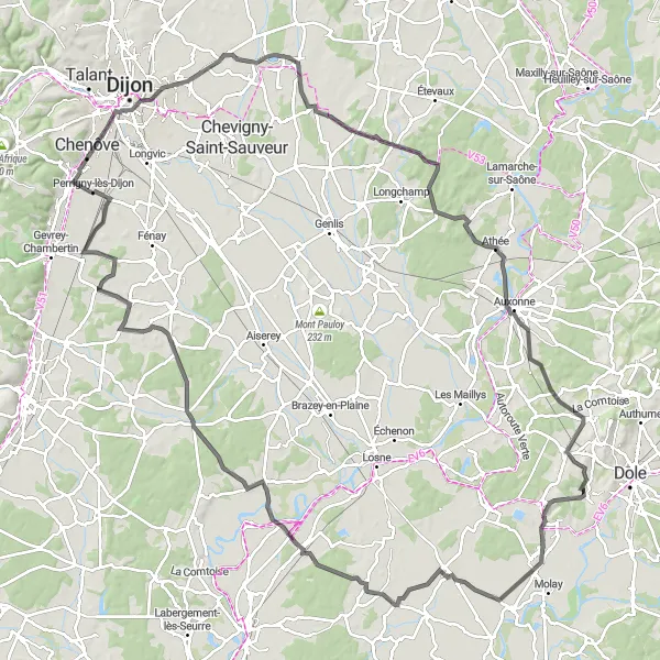 Miniature de la carte de l'inspiration cycliste "La Route des Châteaux de Bourgogne" dans la Franche-Comté, France. Générée par le planificateur d'itinéraire cycliste Tarmacs.app
