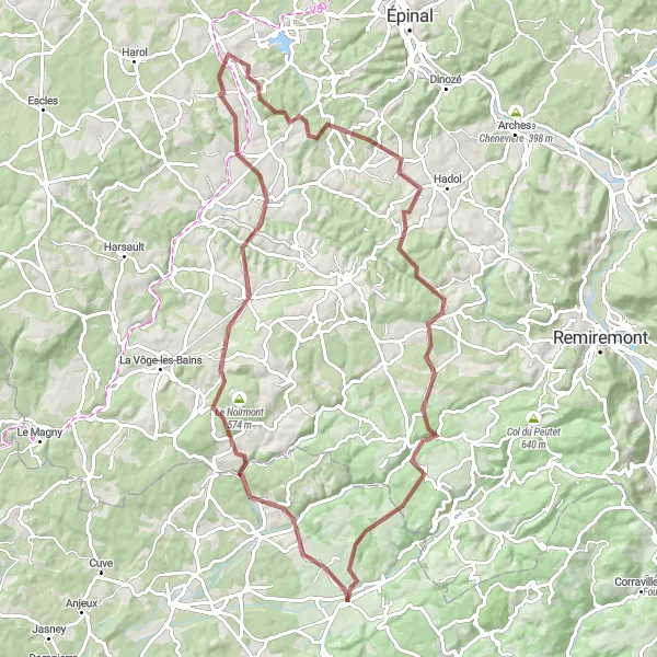 Miniature de la carte de l'inspiration cycliste "Les chemins de gravier de Franche-Comté" dans la Franche-Comté, France. Générée par le planificateur d'itinéraire cycliste Tarmacs.app