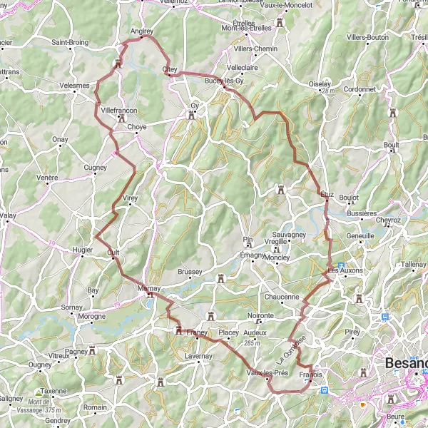 Miniature de la carte de l'inspiration cycliste "La boucle des Châteaux et des Villages" dans la Franche-Comté, France. Générée par le planificateur d'itinéraire cycliste Tarmacs.app