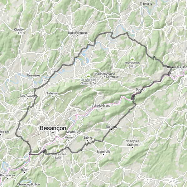 Map miniature of "François Circuit" cycling inspiration in Franche-Comté, France. Generated by Tarmacs.app cycling route planner