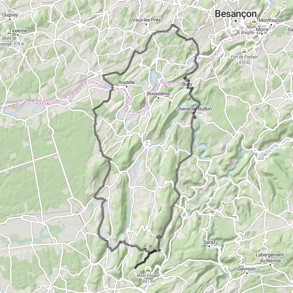 Map miniature of "Franois to Champagne-sur-Loue Adventure" cycling inspiration in Franche-Comté, France. Generated by Tarmacs.app cycling route planner