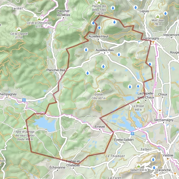 Map miniature of "Gravel Adventure: Giromagny to Planche des Belles Filles" cycling inspiration in Franche-Comté, France. Generated by Tarmacs.app cycling route planner