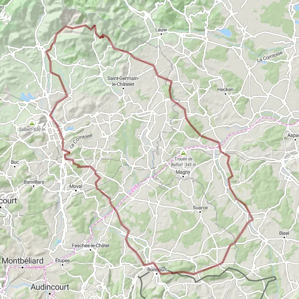 Miniature de la carte de l'inspiration cycliste "Boucle des Monts de Franche-Comté" dans la Franche-Comté, France. Générée par le planificateur d'itinéraire cycliste Tarmacs.app