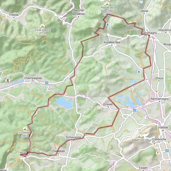 Map miniature of "Gravel Exploration: Giromagny to Planche des Belles Filles" cycling inspiration in Franche-Comté, France. Generated by Tarmacs.app cycling route planner