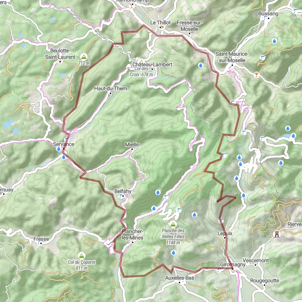 Miniature de la carte de l'inspiration cycliste "Tour des Vosges Gravel Challenge" dans la Franche-Comté, France. Générée par le planificateur d'itinéraire cycliste Tarmacs.app