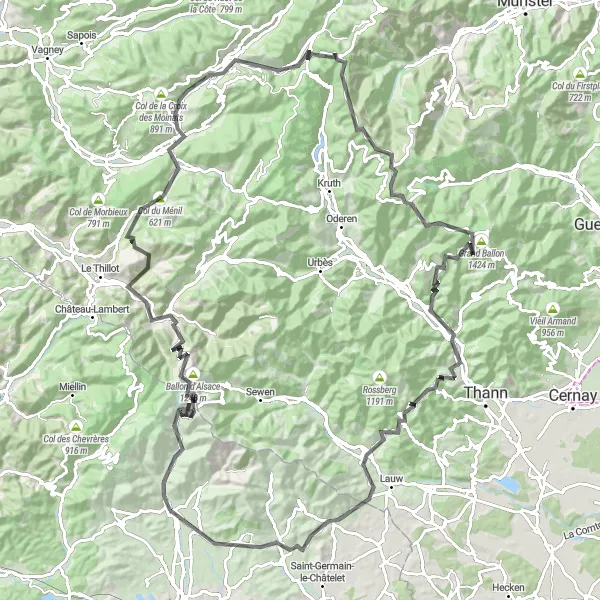 Miniature de la carte de l'inspiration cycliste "Tour du Ballon d'Alsace" dans la Franche-Comté, France. Générée par le planificateur d'itinéraire cycliste Tarmacs.app